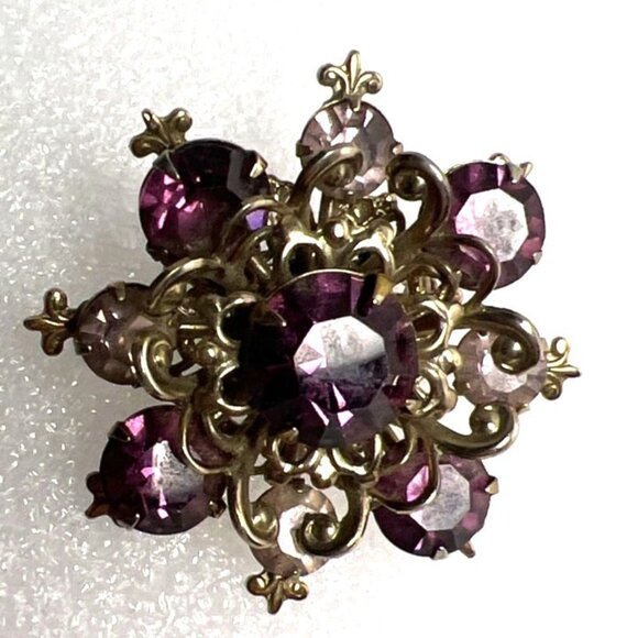 Vintage Purple Lavender Brooch Rhinestone Filigree Fleur-de-Lis Victorian Reviva - Picture 6 of 13